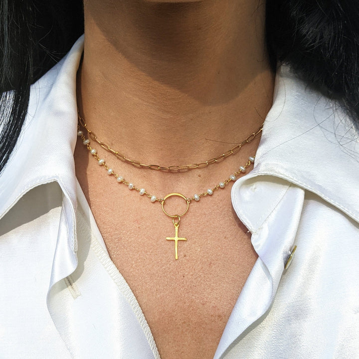 Rosary Pearl Gold Cross Necklace.