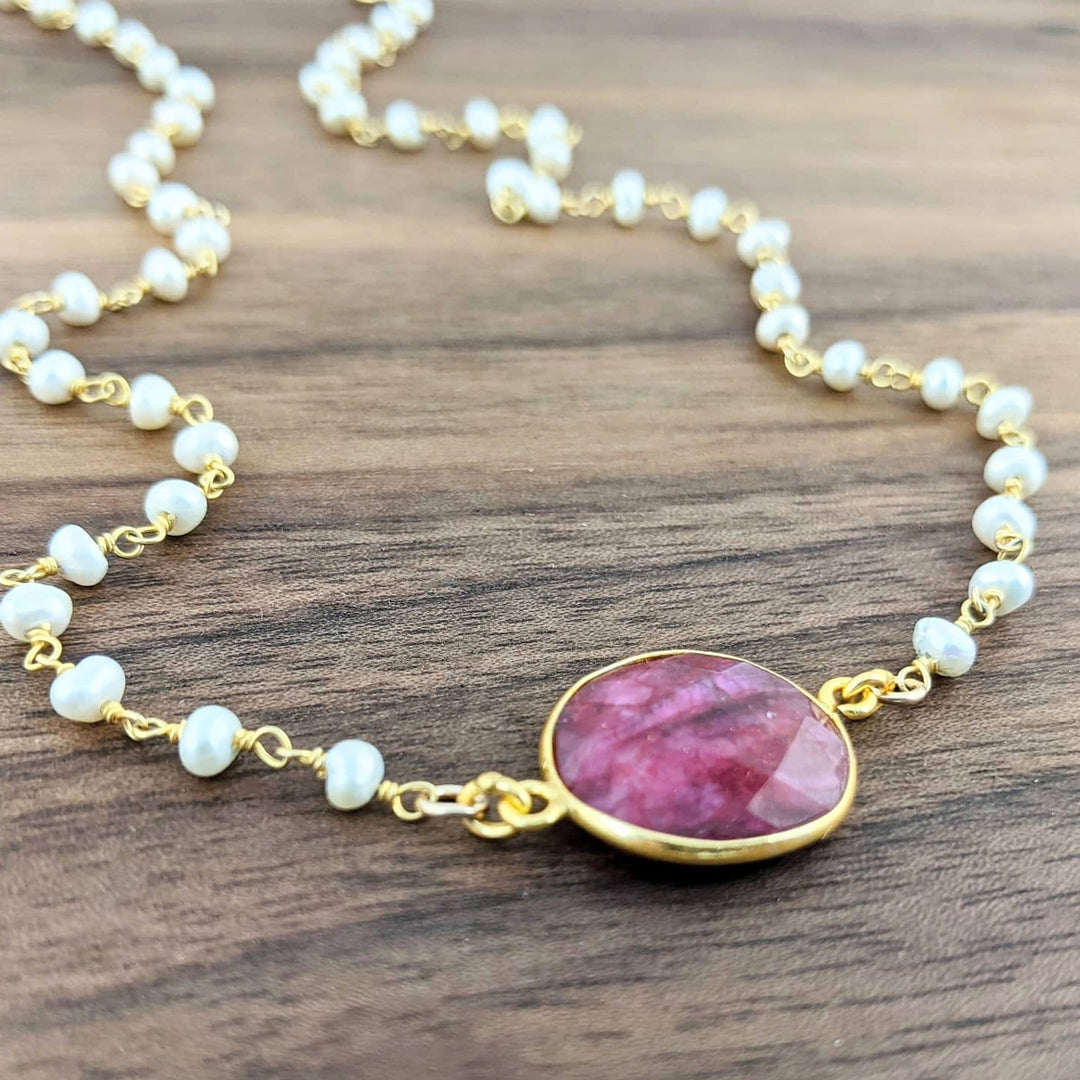 Ruby Gemstone Necklace with Pearl Chain.