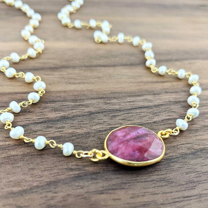 Ruby Gemstone Necklace with Pearl Chain.