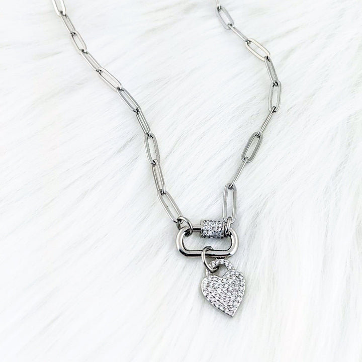 Silver Carabiner Link Choker Necklace with Heart.