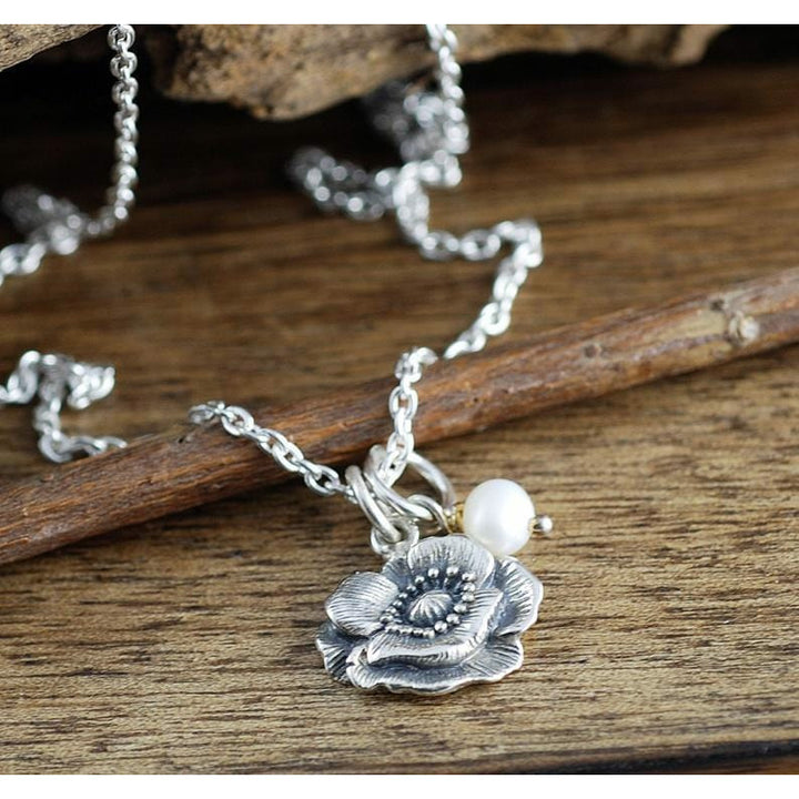 Sterling Silver Poppy Flower Necklace.