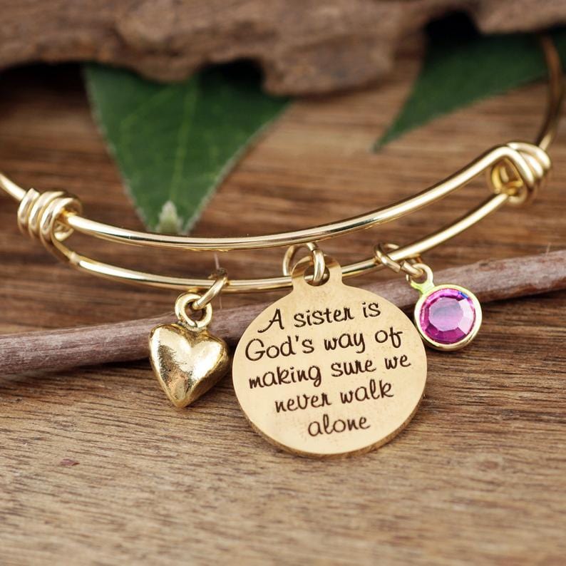 Personalized Sister Bangle Bracelet with Birthstone.