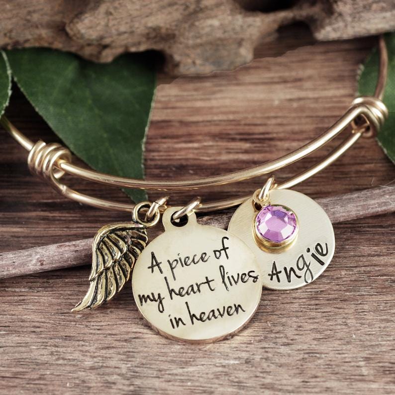 Piece of My Heart Lives in Heaven Memorial Bangle Bracelet 4 names/stones / Gold
