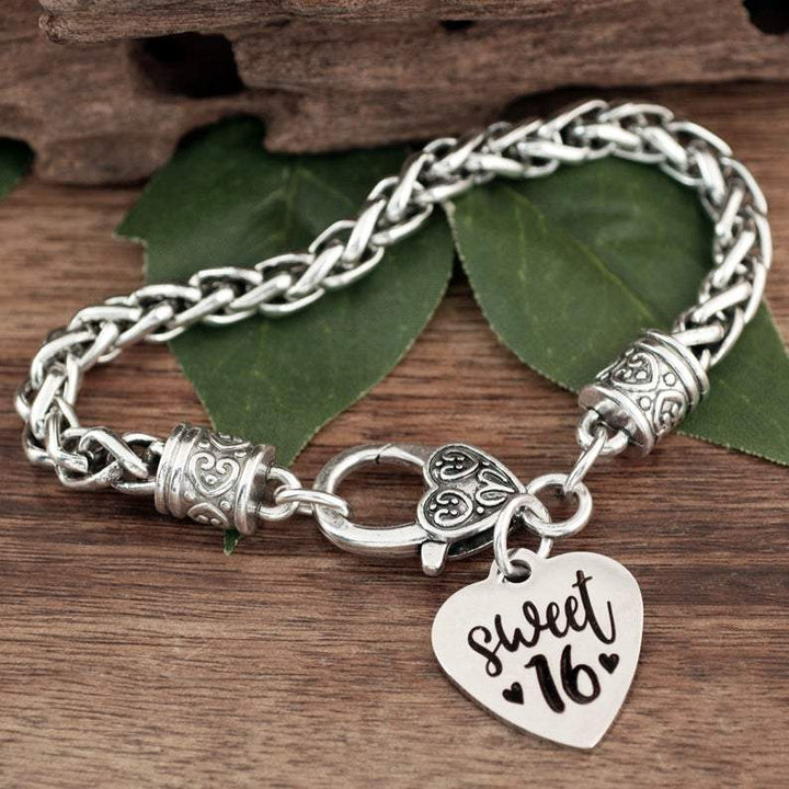 Antique Silver Sweet 16 Bracelet with Heart.