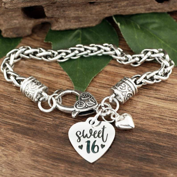 Antique Silver Sweet 16 Bracelet with Heart.