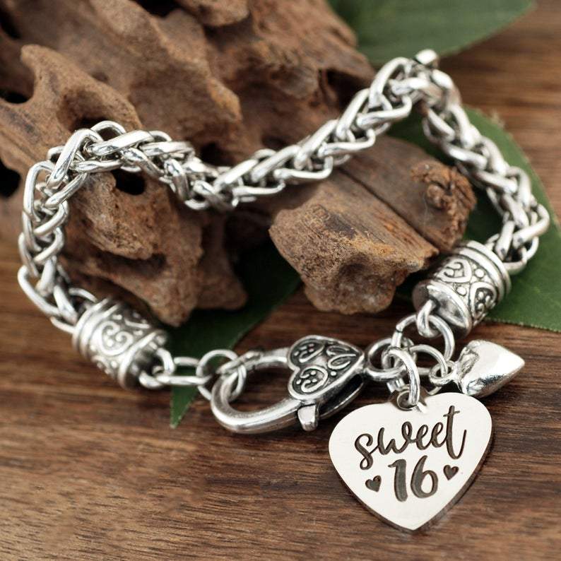 Antique Silver Sweet 16 Bracelet with Heart.