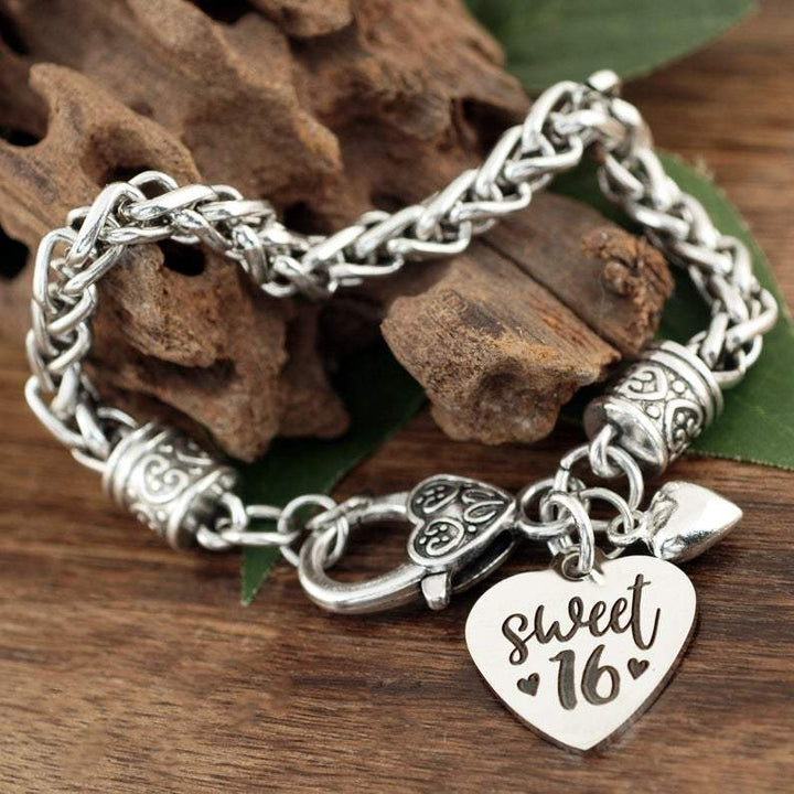 Antique Silver Sweet 16 Bracelet with Heart.