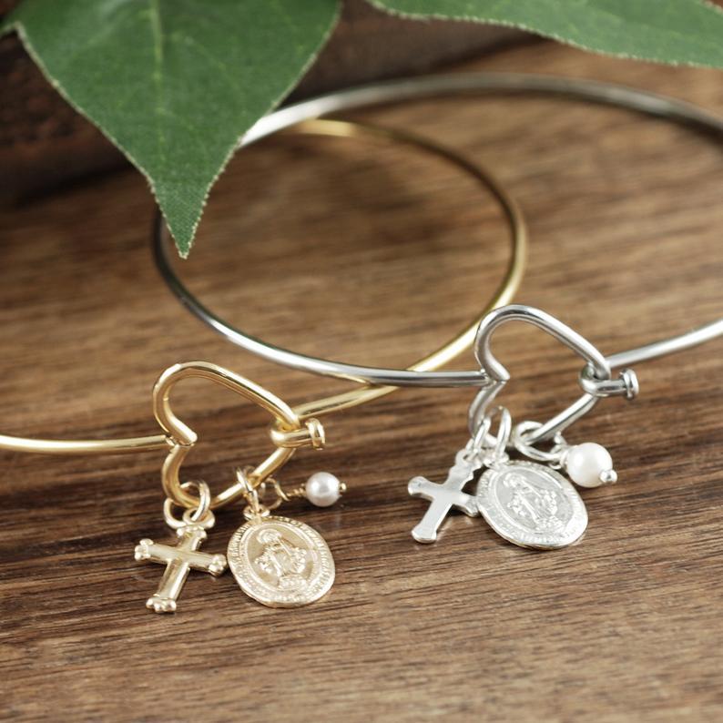 St. Mary Magdalene Bangle Heart Bracelet - Confirmation Gift.