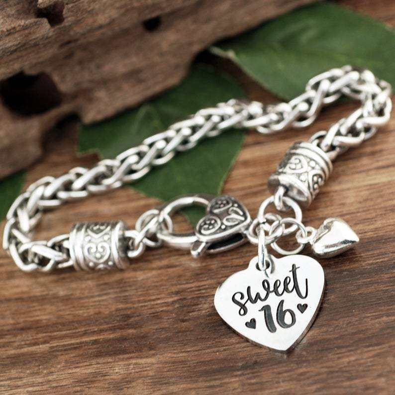 Antique Silver Sweet 16 Bracelet with Heart.