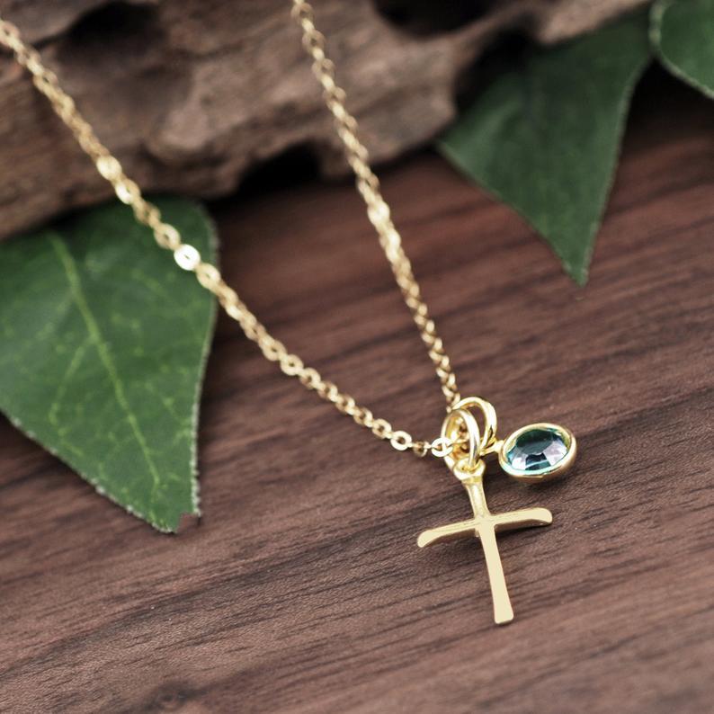 Gold Cross Necklace with Birthstone.