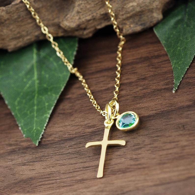 Gold Cross Necklace with Birthstone.