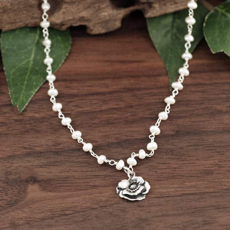 Tiny Silver Poppy Flower Necklace with Pearl Chain.