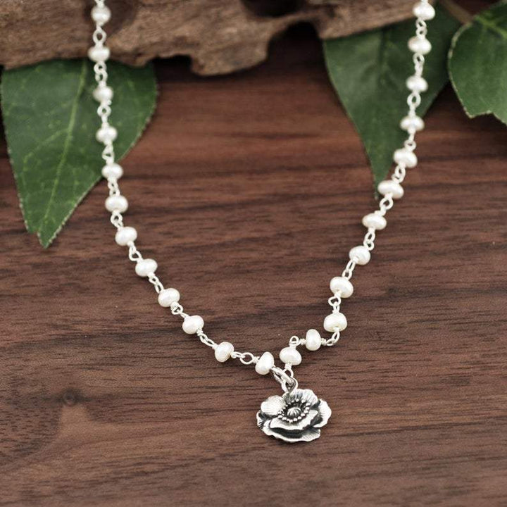 Tiny Silver Poppy Flower Necklace with Pearl Chain.