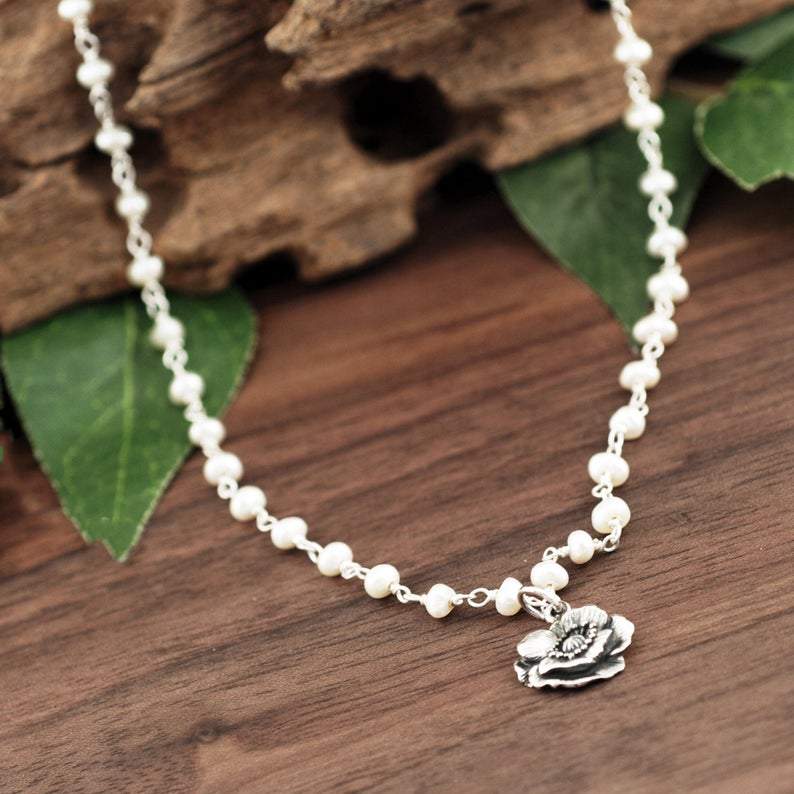 Tiny Silver Poppy Flower Necklace with Pearl Chain.