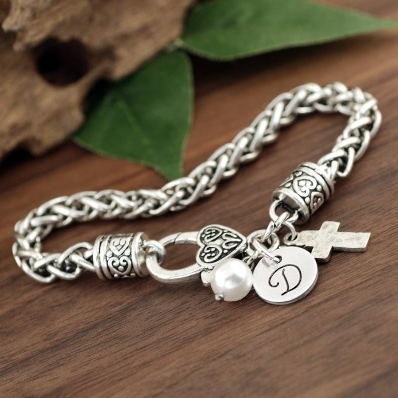Personalized Initial Antique Silver Bracelet with Cross.