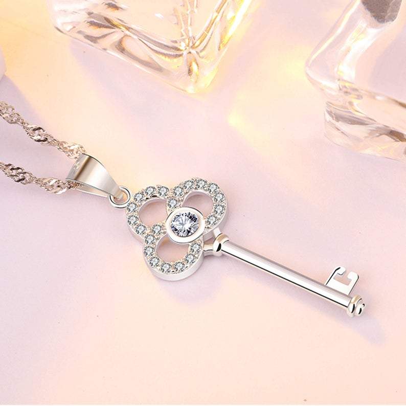 Sterling Silver CZ Key Necklace.