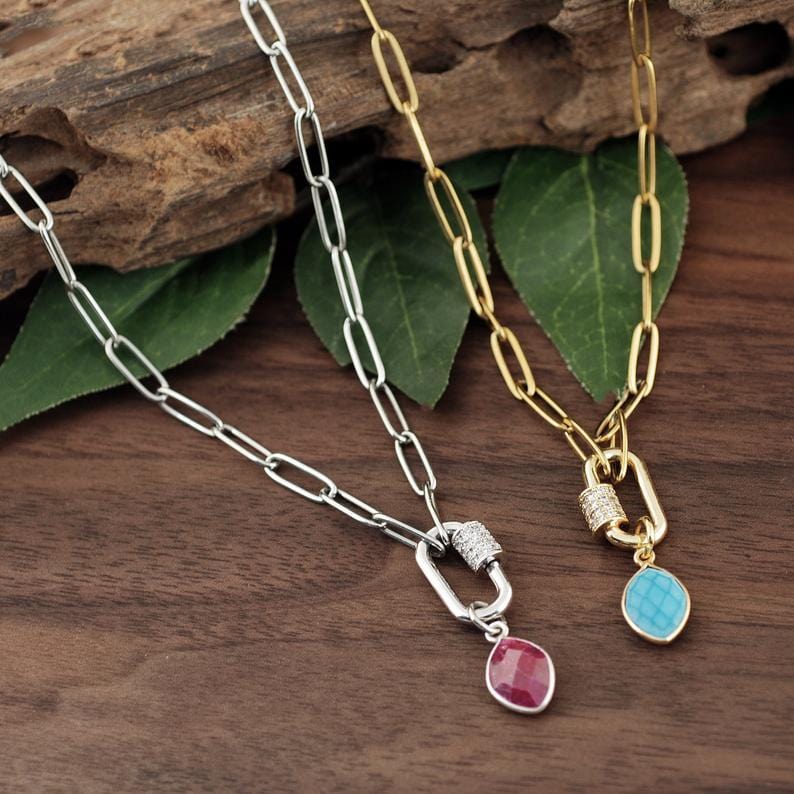 Carabiner Pave Lock Necklace with Birthstone.