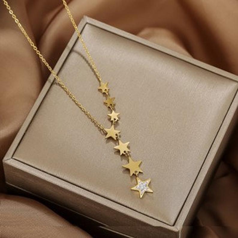 Stainless Steel Cascading Star Necklace.
