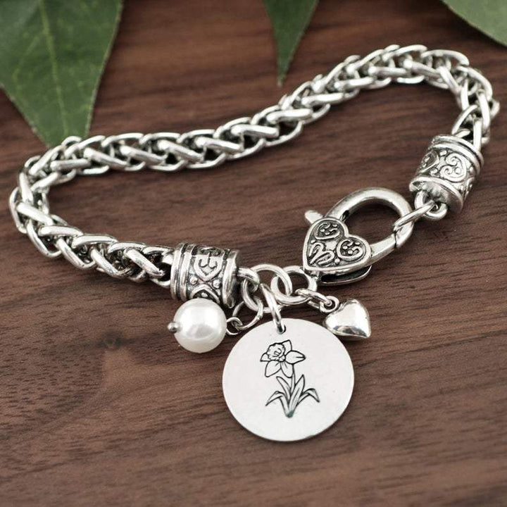 Birth Month Flower Bracelet - Antique Silver Bracelet.