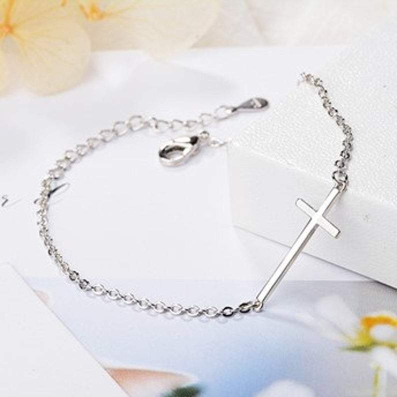 Sterling Silver Sideways Cross Bracelet.