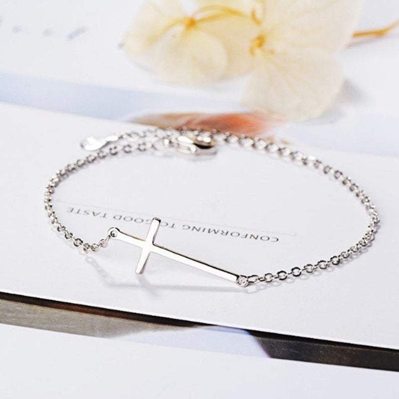 Sterling Silver Sideways Cross Bracelet.
