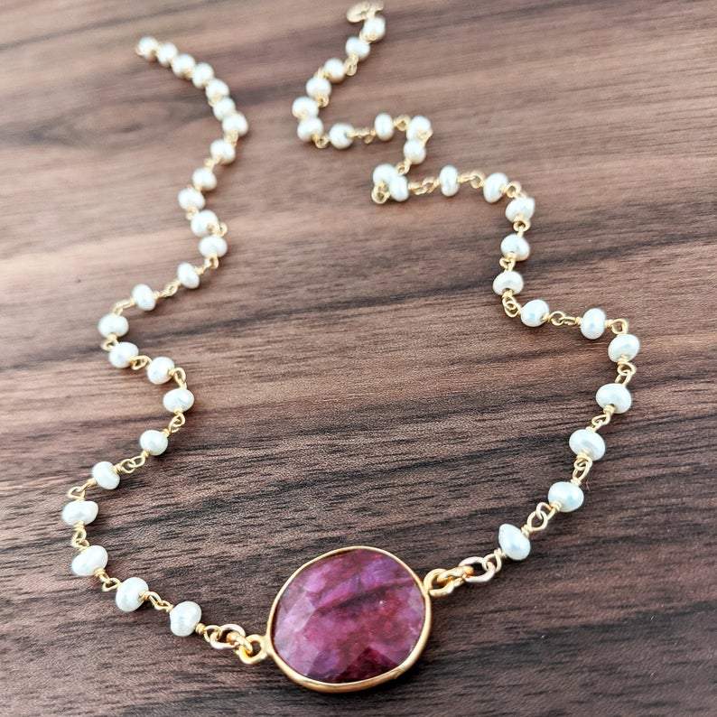 Ruby Gemstone Necklace with Pearl Chain.