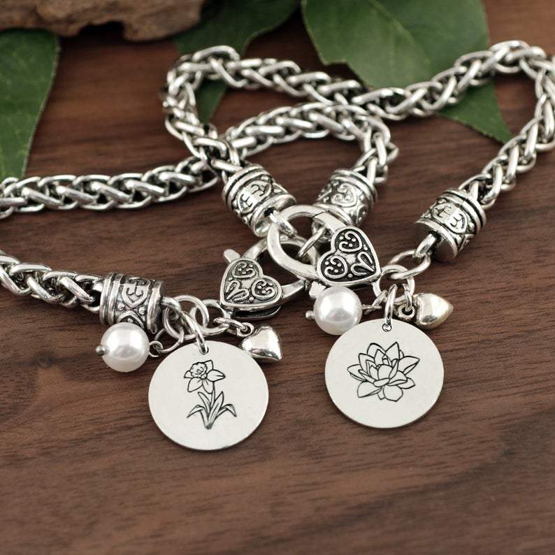 Birth Month Flower Bracelet - Antique Silver Bracelet.