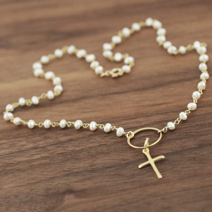 Rosary Pearl Gold Cross Necklace.