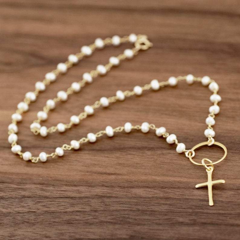 Rosary Pearl Gold Cross Necklace.