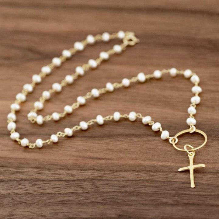 Rosary Pearl Gold Cross Necklace.