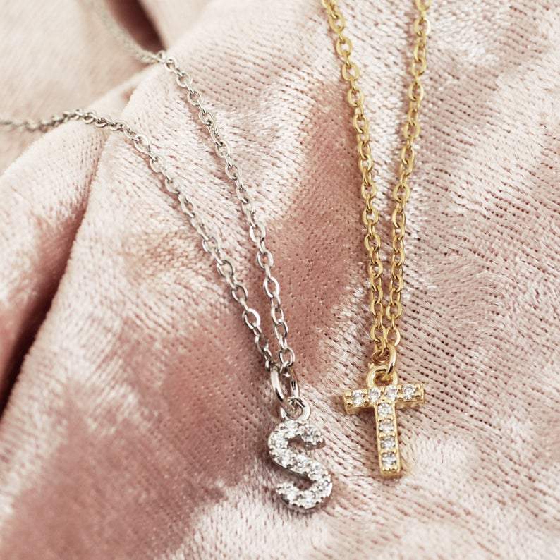 Tiny Crystal Initial Necklace - Great for Layering.