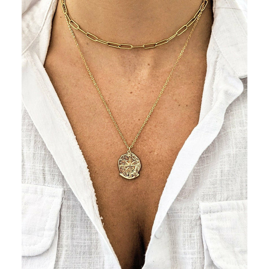 Gold Medallion Compass Necklace.