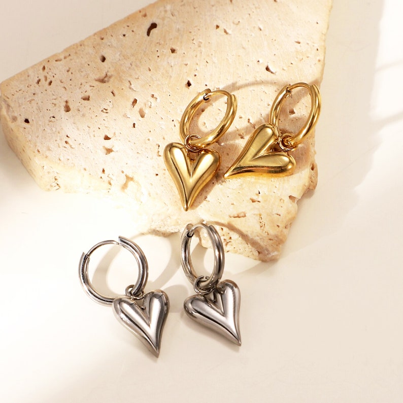 Elongated Dangling Heart - Hoop Earrings.