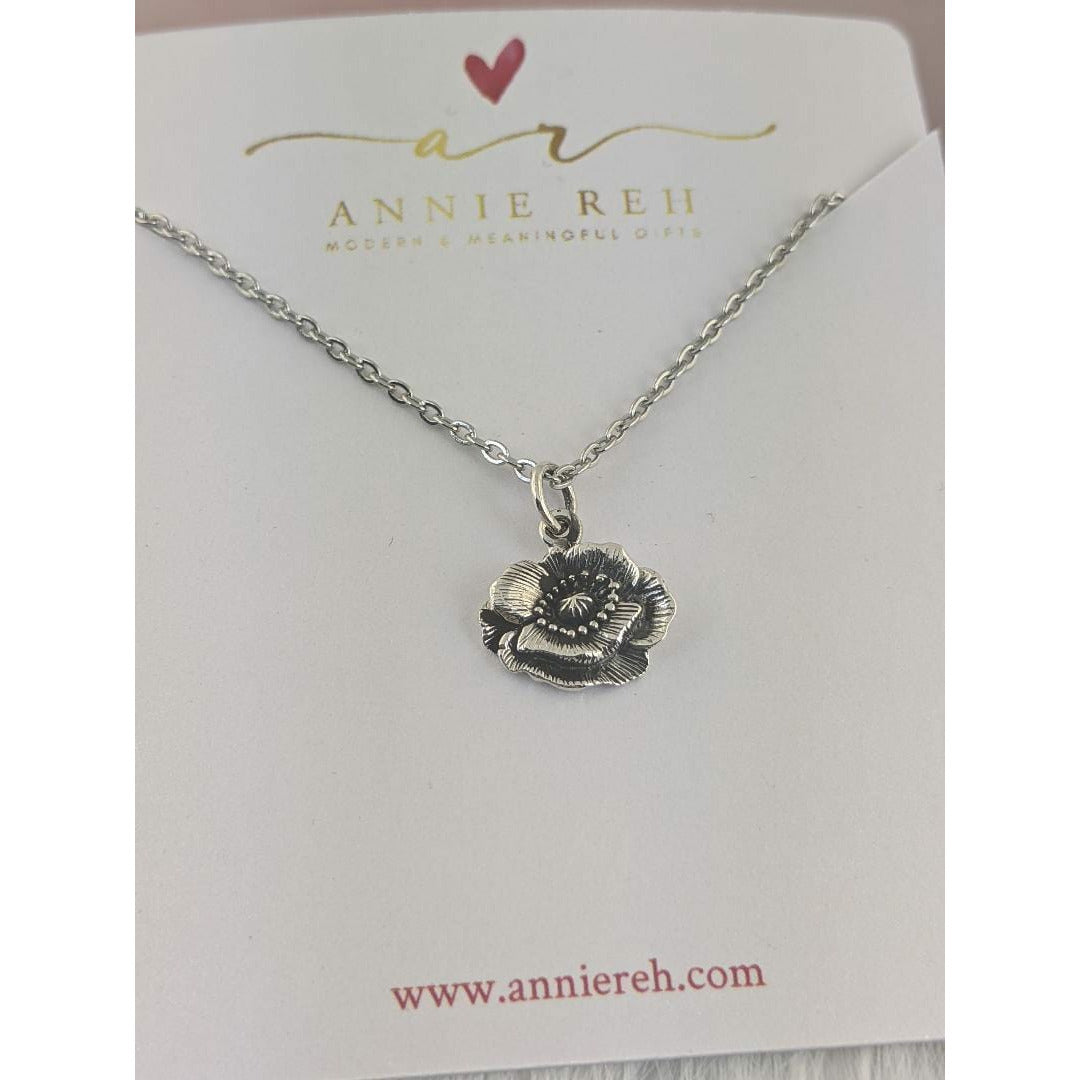 Sterling Silver Poppy Flower Necklace.