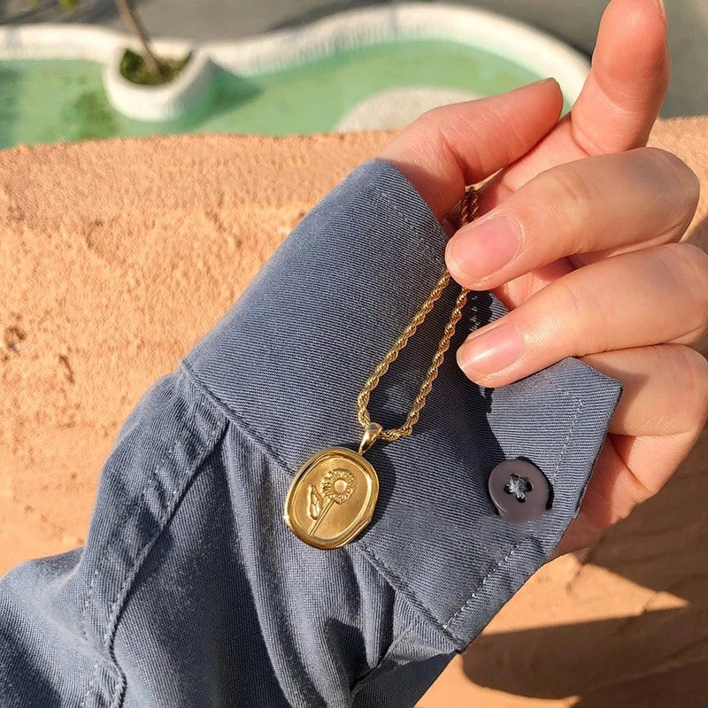 French Sunflower Necklace (Rounded Square Pendant)