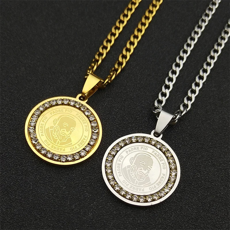 Padre Pio Necklace (Engraved Pendant with CZ)