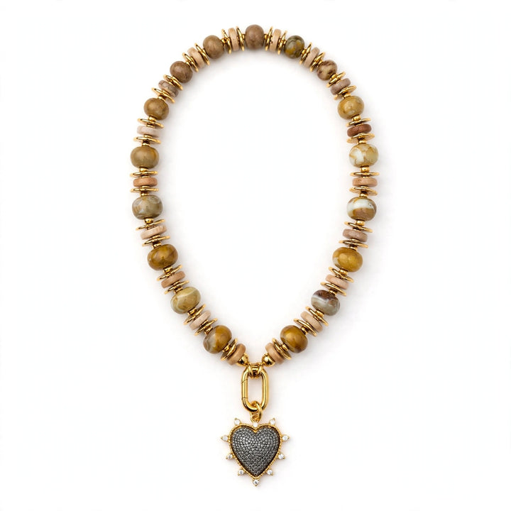 The Gilded Soul Necklace - full beaded necklace with gold carabiner and pave crystal heart pendant on a white background