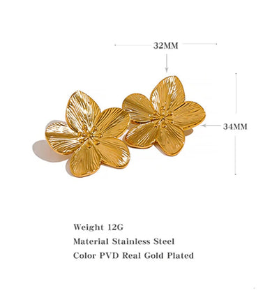 Vintage Flower Stud Earrings, Large Gold Flower Earrings, 18k Gold PVD Earrings, Jewelry Gift for Her, Golden Blossom Studs, Waterproof