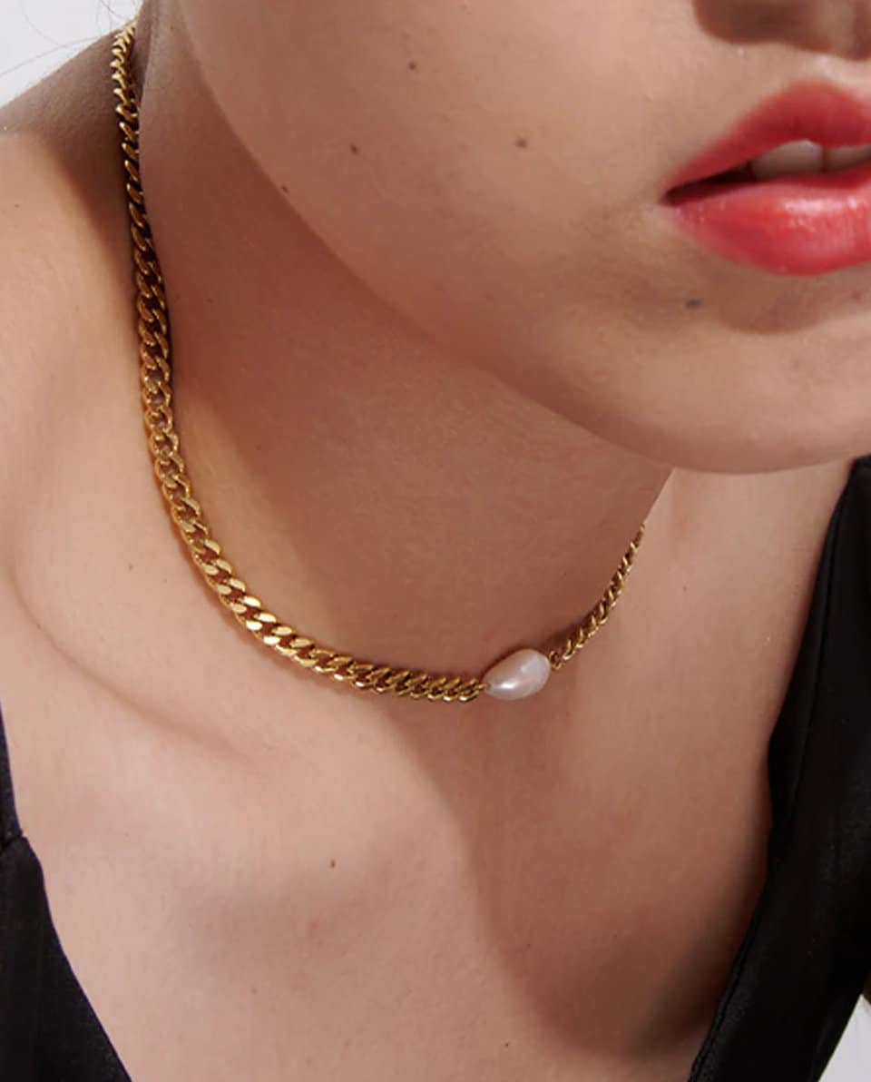 Natural Pearl Necklace, Cuban Chain Necklace, Best Friend Gift, Choker Necklace 18K PVD Necklace, Dainty Necklace, Birthday Gift, Waterproof