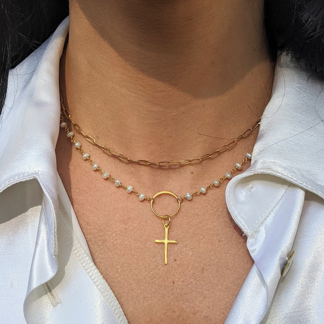 Rosary Pearl Gold Cross Necklace.