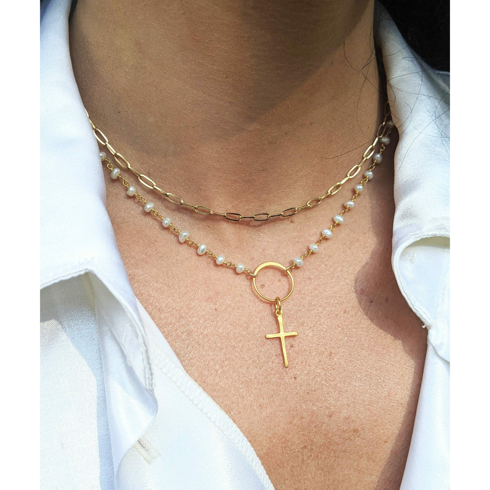 Rosary Pearl Gold Cross Necklace.