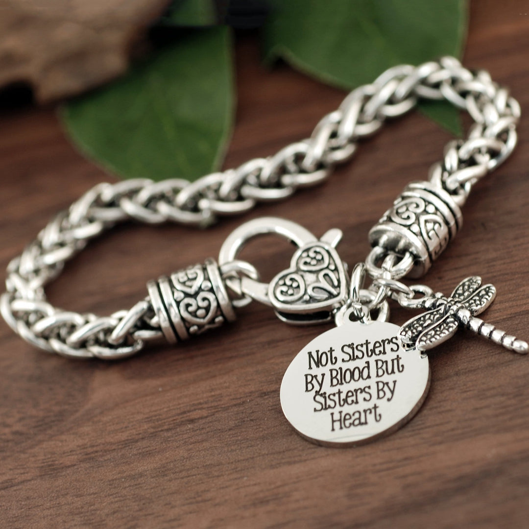 Not sisters by blood but Sisters by DragonFly Antique Silver Bracelet.