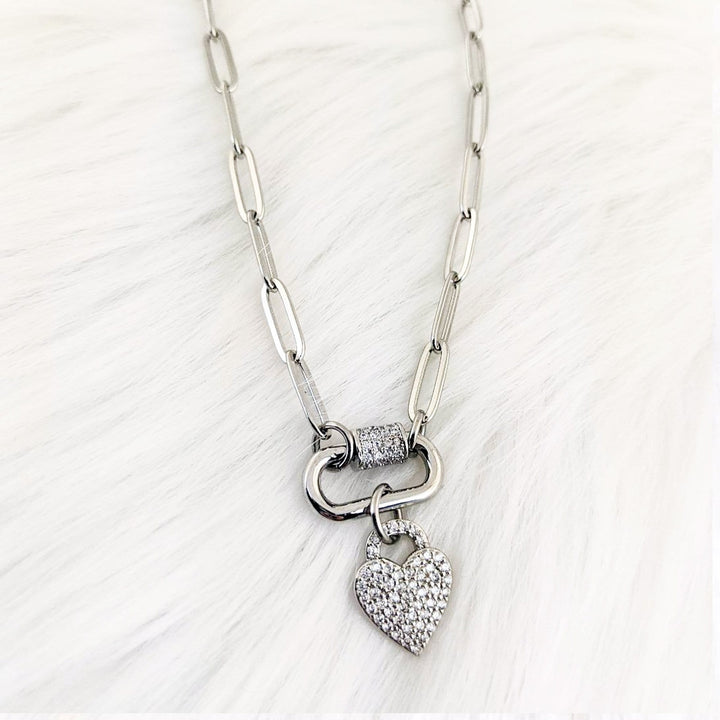 Silver Carabiner Link Choker Necklace with Heart.