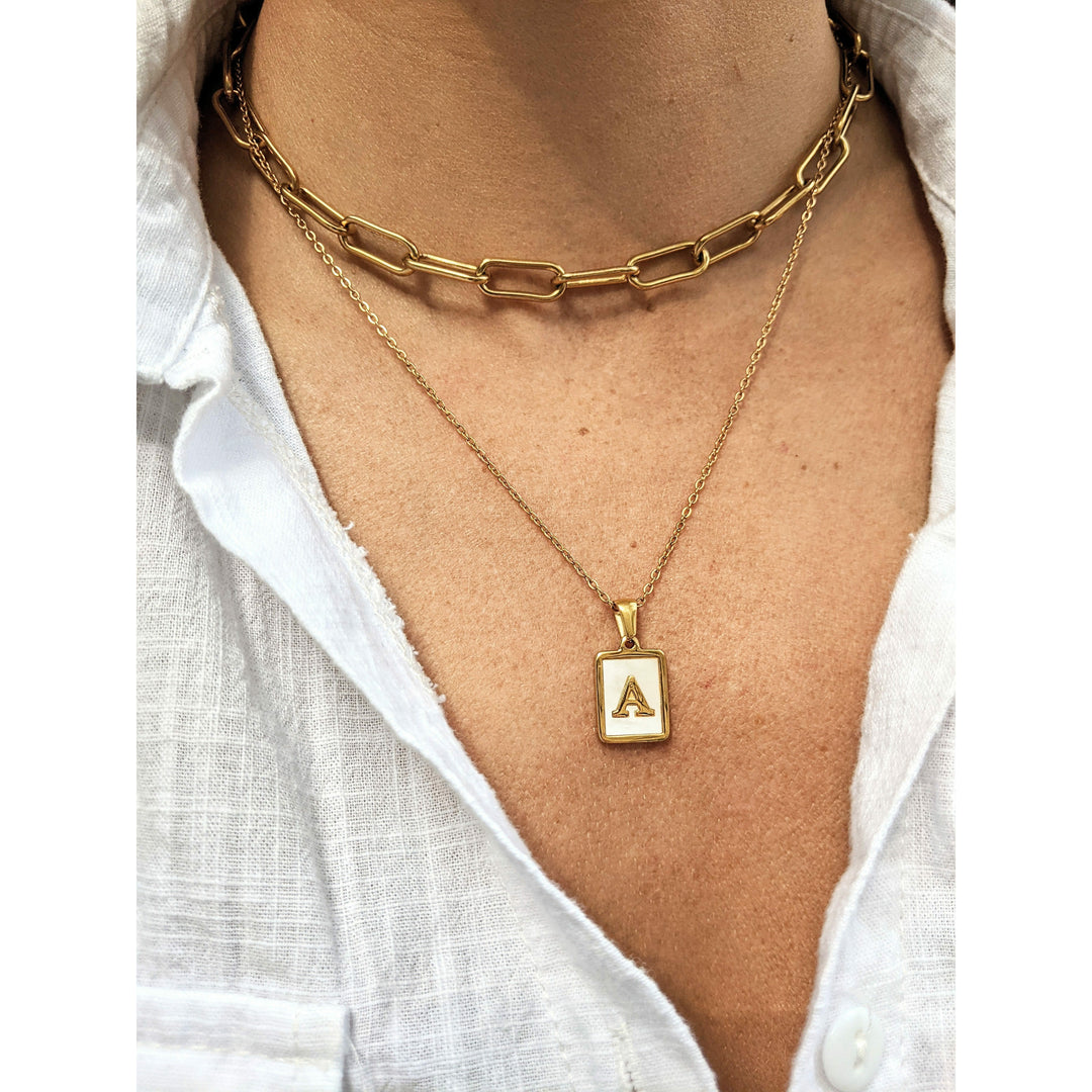 Rectangle Initial Shell Necklace.