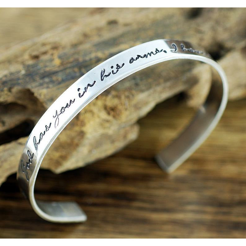 God has you in his arms, I have you in my Heart Cuff Bracelet.