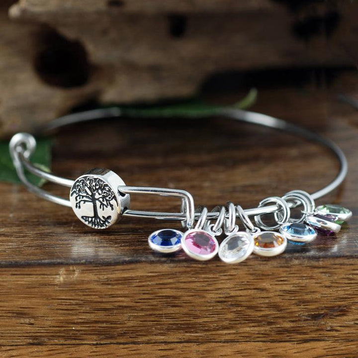 Personalized Family Tree Bangle Bracelet with Birthstones.