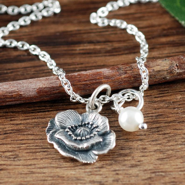 Sterling Silver Poppy Flower Necklace.