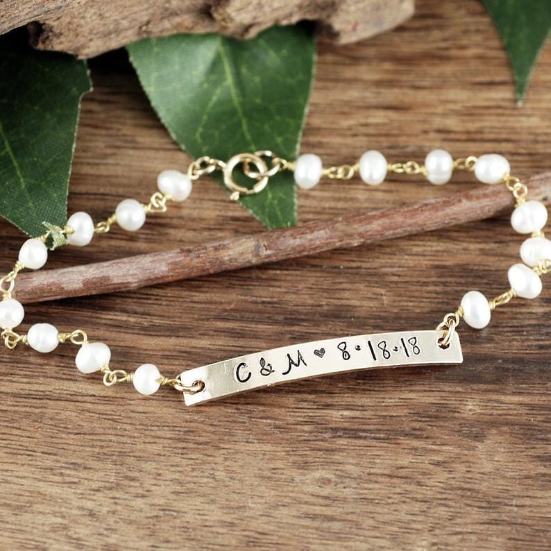 Gold Bar Name Bracelet with Pearls.