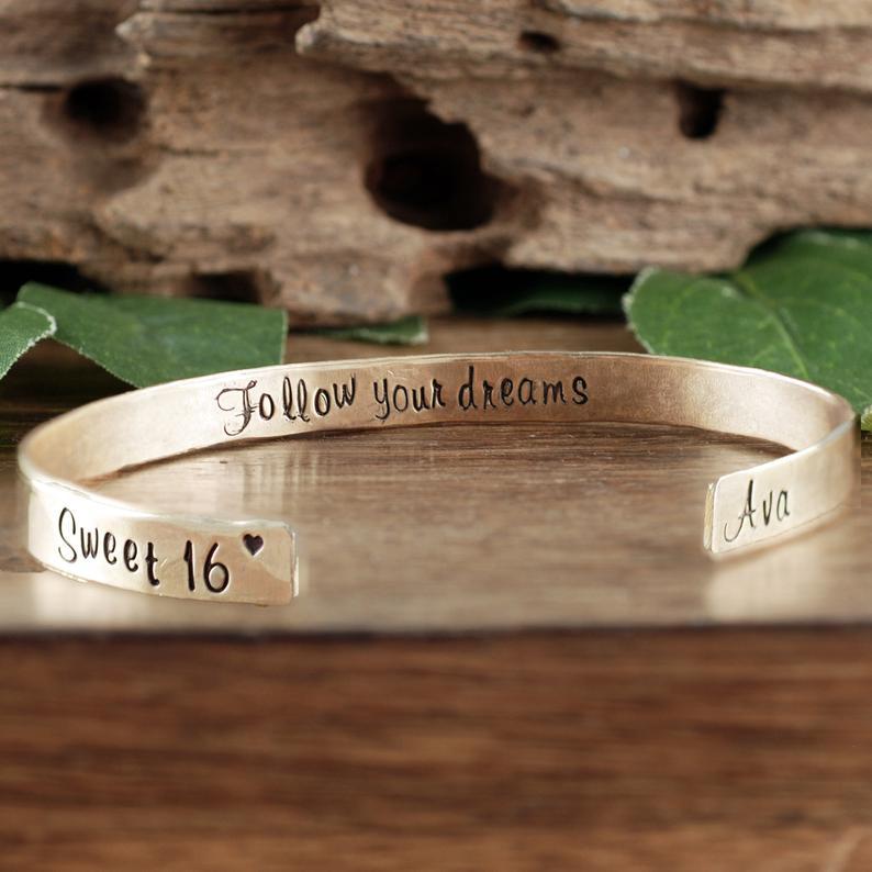 Personalized Sweet 16 Cuff Bracelet - Follow your Dreams.