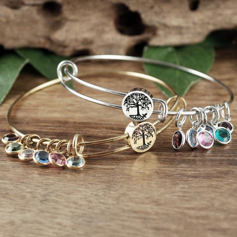 Personalized Family Tree Bangle Bracelet with Birthstones.